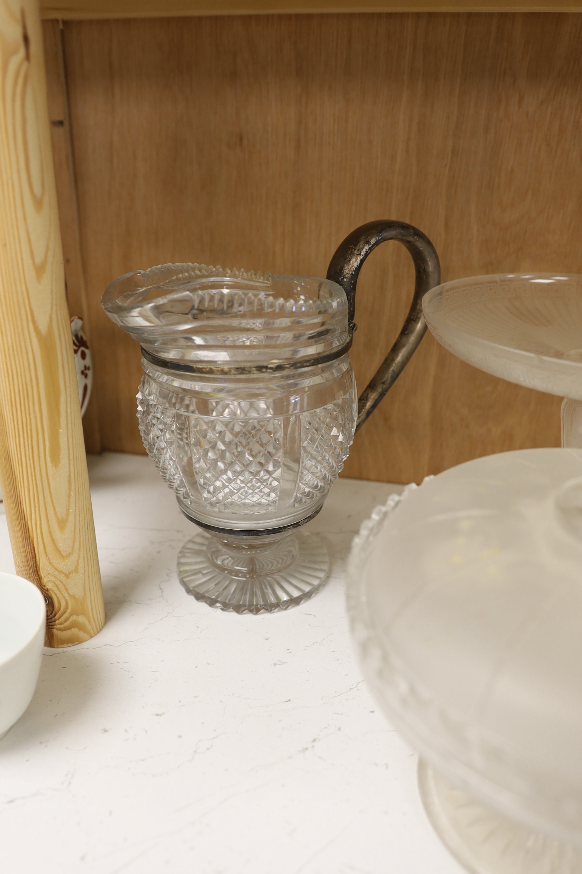 An enamelled glass lemonade set, jug 31cm, a Victorian cut glass jug with plated mounts, etc.